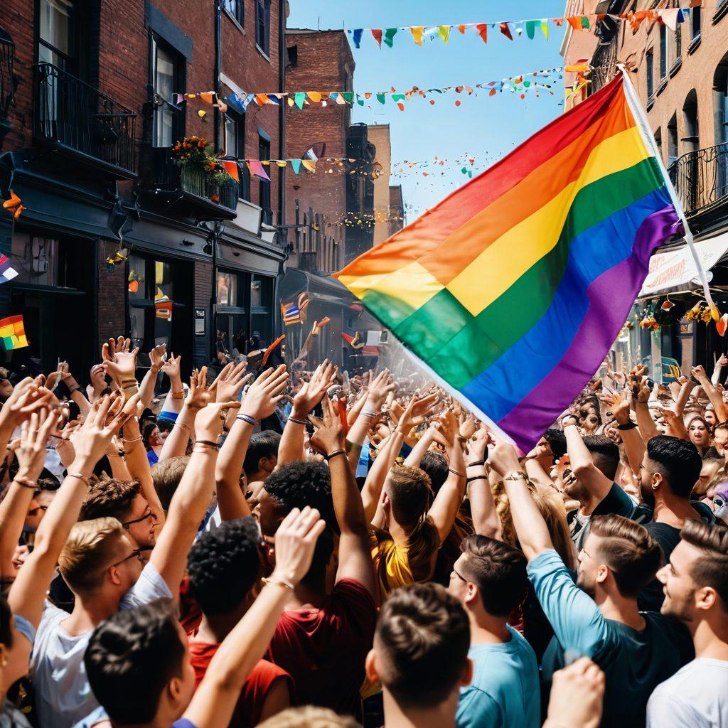 A vibrant rainbow flag flying high against a backdrop of diverse individuals celebrating together in a lively street festival. Include elements of cultural symbols and flags from various LGBTQ+ identities, with confetti falling and colorful decorations all around. Showcase a sense of unity, joy, and acceptance, with people of different backgrounds connecting and dancing. super-realistic. vibrant colors. festive atmosphere.
