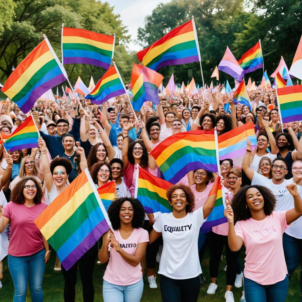 A diverse group of individuals celebrating in a colorful park, holding up rainbow flags, with symbols of LGBTQ+ rights like the pink triangle and equality signs displayed prominently. The scene is filled with joyful expressions and collaborative activities, embodying connection and support. Bright flowers and vibrant banners surround them, symbolizing unity and acceptance. super-realistic. vibrant colors. cheerful atmosphere.