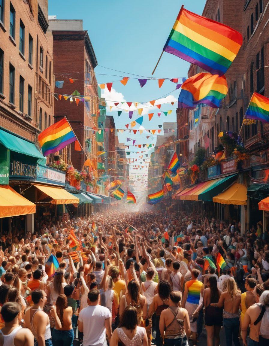 A vibrant scene depicting a lively LGBTQ+ pride parade, showcasing colorful floats, people in diverse costumes celebrating inclusivity and love. Include rainbow flags waving in the air, joyful faces in the crowd, and symbols of unity. The background should feature a cityscape filled with artistic murals celebrating diversity. Use bold, bright colors to illustrate the energy and spirit of the event. super-realistic. vibrant colors. dynamic composition.